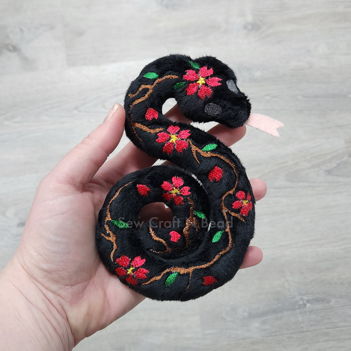 Black Snake Plush with Red Sakura Details (READY TO SHIP)