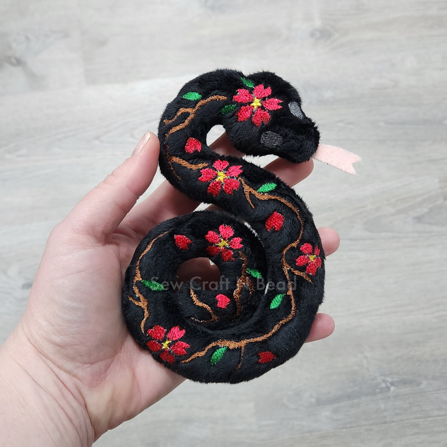 Black Snake Plush with Red Sakura Details (MADE TO ORDER)