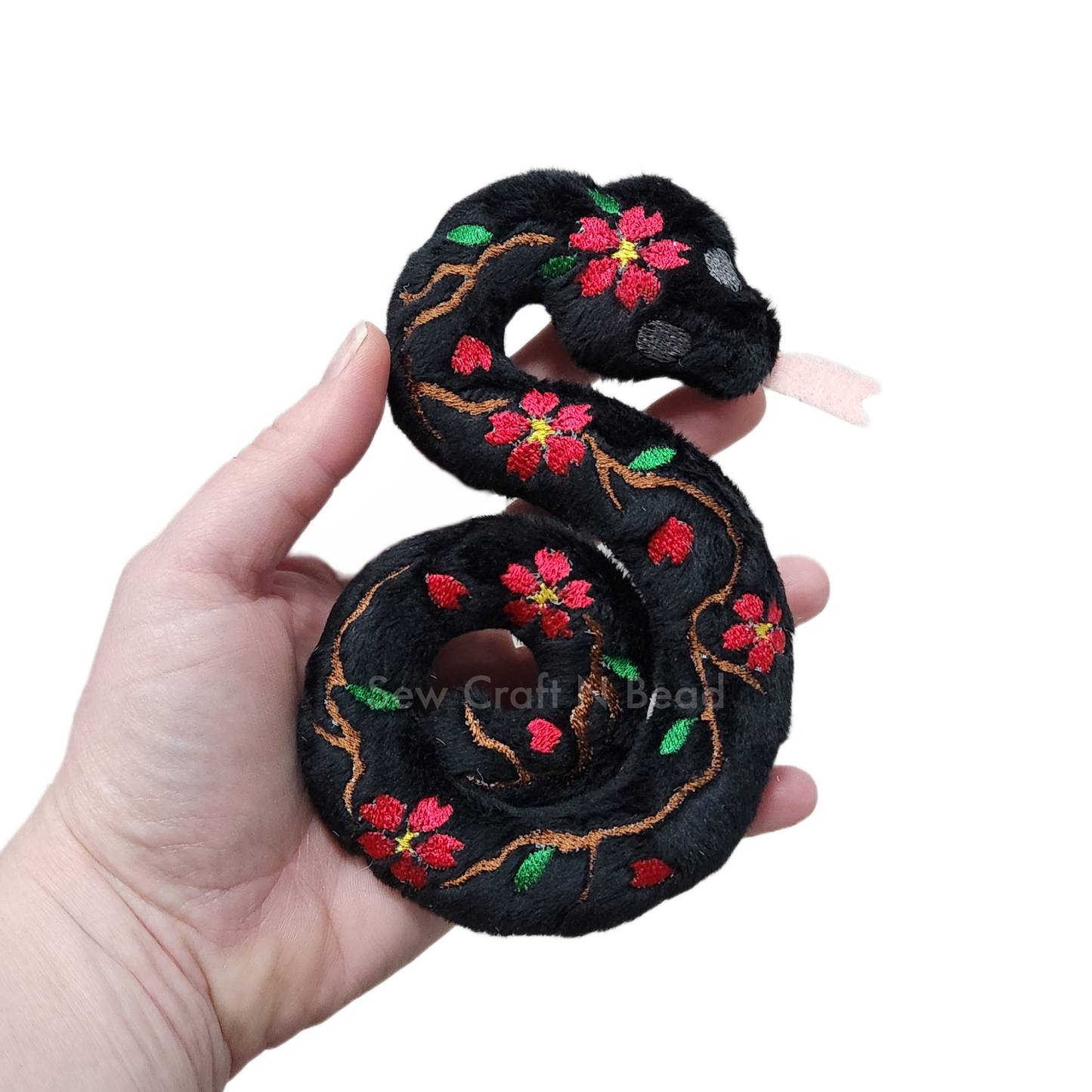 Black Snake Plush with Red Sakura Details (MADE TO ORDER)