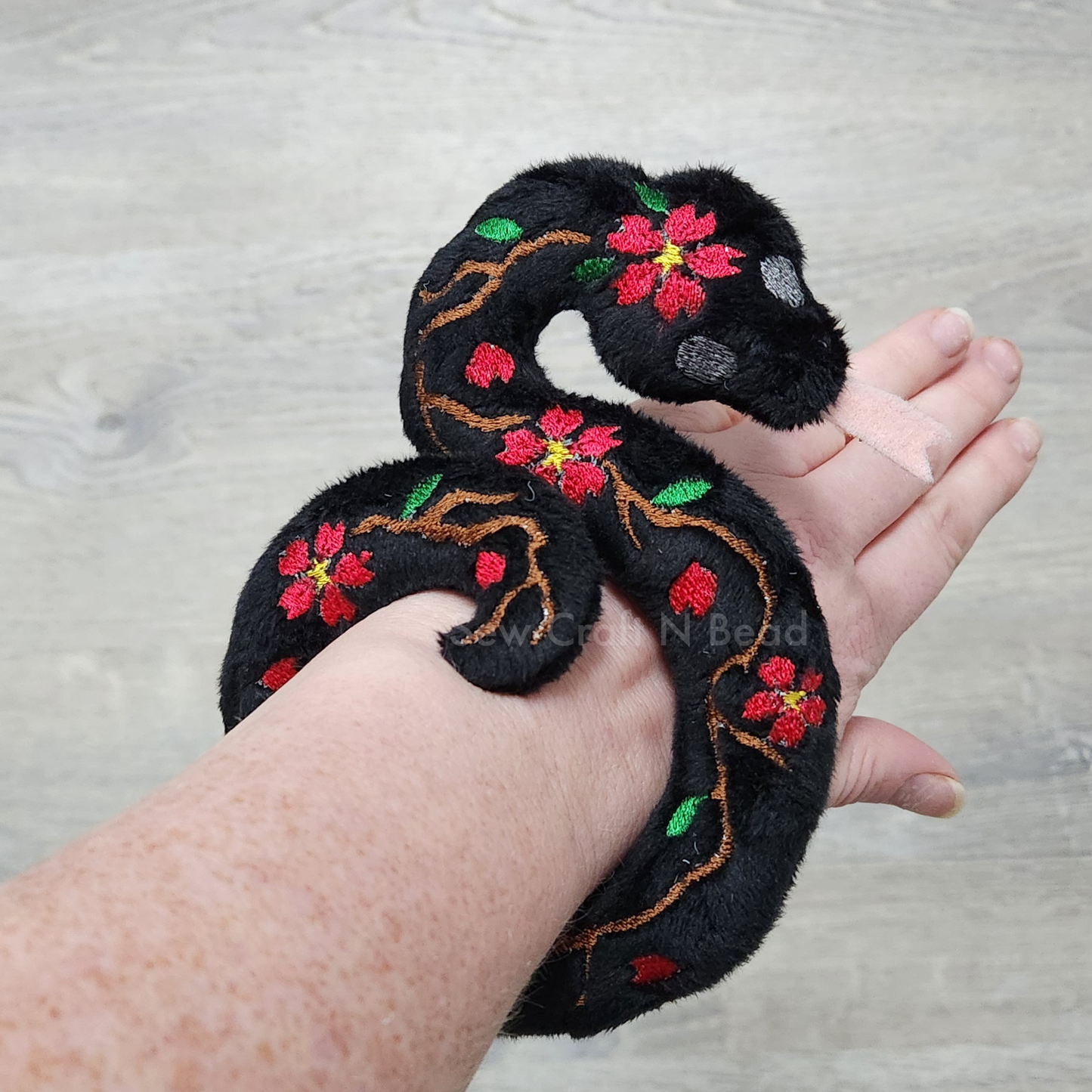Black Snake Plush with Red Sakura Details (MADE TO ORDER)